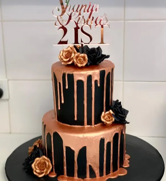 Twins' 21st Birthday Cake for Black and rose gold cake