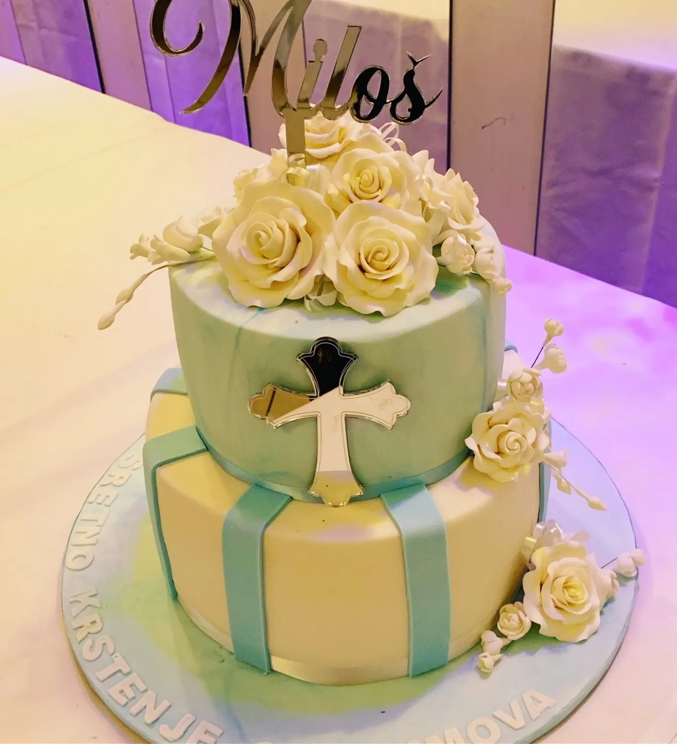Light Blue And Silver Christening Cake for 2 tier baptism cake