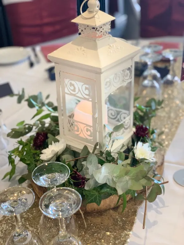 White Lantern Centrepiece for Rustic table centrepiece