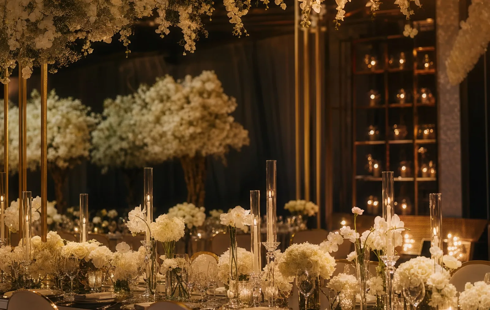 Luxury reception tablescape with layered event styling